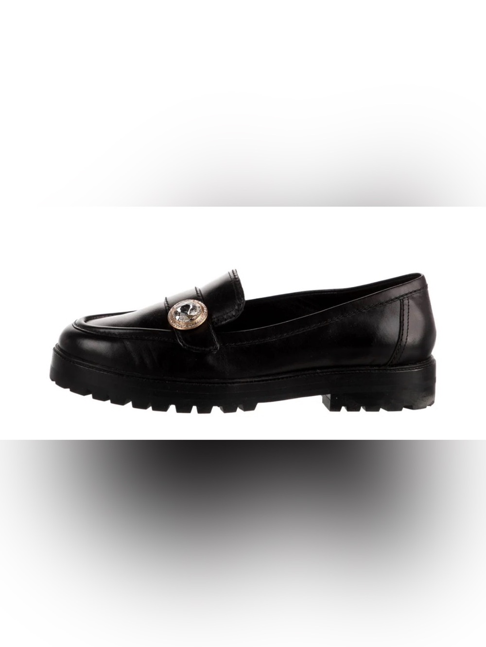 Kate Spade New York Posh Black Leather Lug Sole Loafer with Decorative Button